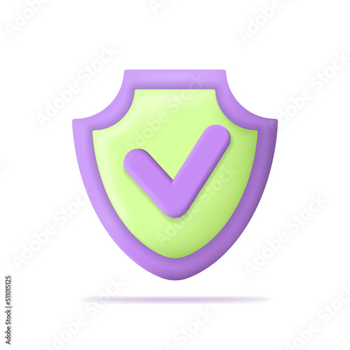 Shield icon. 3d shield icon. Illustration of security, protect and insurance. Mark of guarantee. Tick of check, safe and protection. Vector