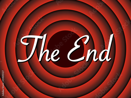 End movie. End film. Cinema background. Retro hollywood poster. Old screen of show. Vintage studio, theater and picture. Red circles of background for entertainment. Vector