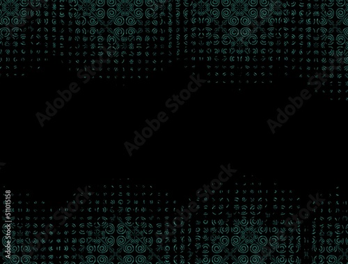Horizontal illustration with copyspace, blue halftone ornaments  on black background with space for text