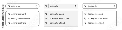 Search Bar With Text Suggestions, Magnifying Glass And Microphone - Different Vector Illustrations Isolated On White Background