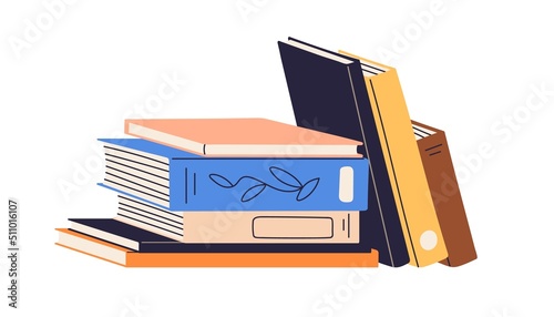 Abstract books stack. Paper literature spines. Closed fiction novels, academic textbooks for reading, studying. Encyclopedias in hardcovers. Flat vector illustration isolated on white background