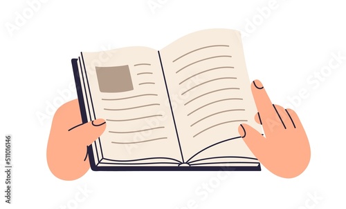 Hand turning pages of open paper book. Readers students fingers holding abstract literature, reading, studying. Education, knowledge concept. Flat vector illustration isolated on white background