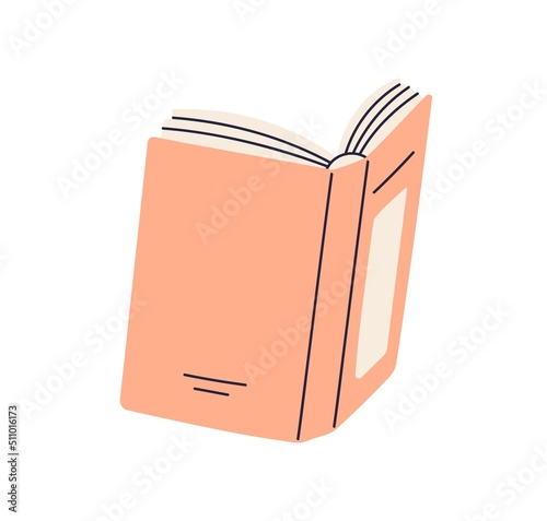Back of open book with paper pages. Hard cover of abstract literature. Hardback and spine of school textbook, novel for reading, studying. Flat vector illustration isolated on white background