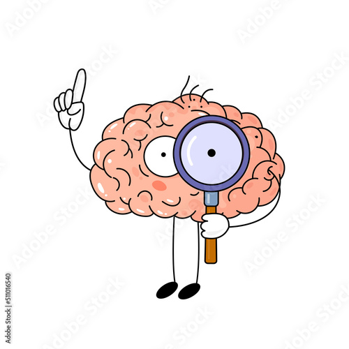 Cute cartoon brain with magnifier on white background. Funny vector illustration. Concept of idea,  intellect, human mind, search for ideas. Heath body and medicine.
