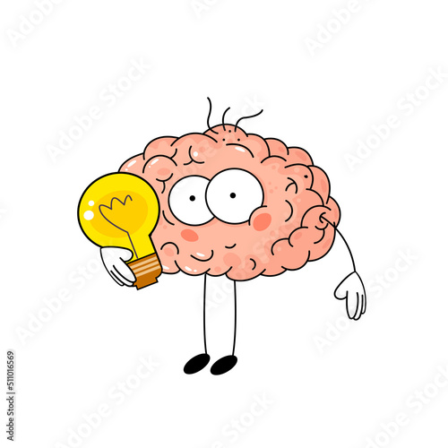 Cute cartoon brain with light bulb on white background. Funny vector illustration. Concept of idea,  intellect, human mind. Heath body and medicine. 