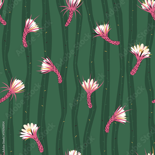 Seamless pattern cactus Princess of the night. The queen of the night blooms rarely and only at night, and its flowers wither before dawn. Pattern for fabric. Flat vector illustration.