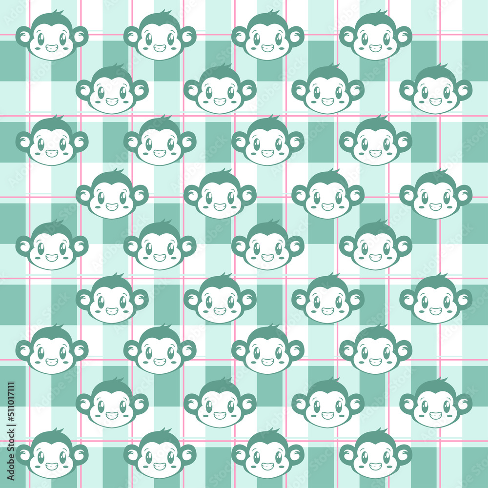 green monkey with green pink plaid pattern vector background. green plaid on the fabric pattern. Square pattern for cloth. green square background.