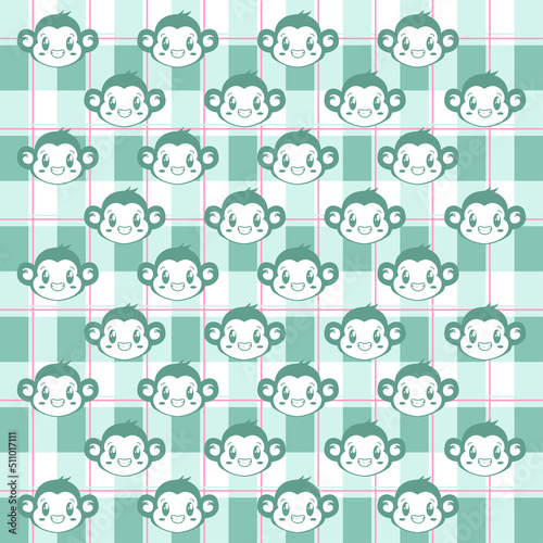 green monkey with green pink plaid pattern vector background. green plaid on the fabric pattern. Square pattern for cloth. green square background.