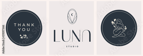Vector abstract modern logo design templates with moon and girl silhouette in flowers in trendy linear style. For jewelry for exclusive services and products, beauty and spa industry
