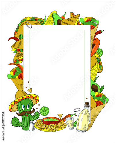 Mexican food. Frame with cartoon sketch illustrations. Vector set