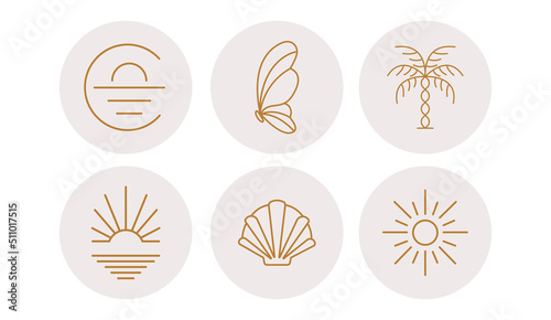 Summer icons depicting dawn, sun and flowers in circles. Vector illustration. Set of icons and emblems for social media news covers. Design Templates for a Yoga Studio and an Astrologer Blogger
