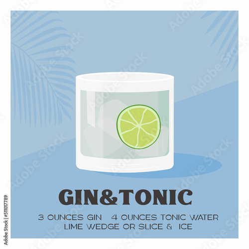 Gin Tonic Cocktail on the rocks with slice of lime. Summer aperitif retro poster. Minimalist print with alcoholic beverage garnished with lemon wheel and palm tree shadow on background. Vector.