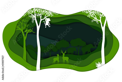 Save nature and environment conservation concept with animals wildlife in forest landscape,abstract paper art scene in depth layer background
