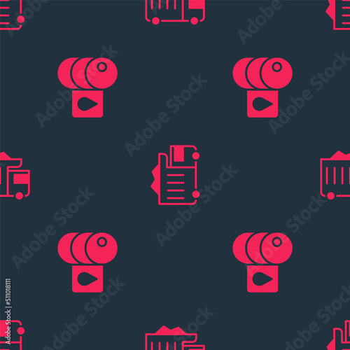 Set Barrel oil and Mining dump truck on seamless pattern. Vector