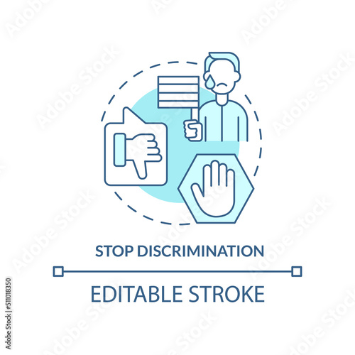 Stop discrimination turquoise concept icon. Unjust treatment. Dealing with lgbt issue abstract idea thin line illustration. Isolated outline drawing. Editable stroke. Arial, Myriad Pro-Bold fonts used