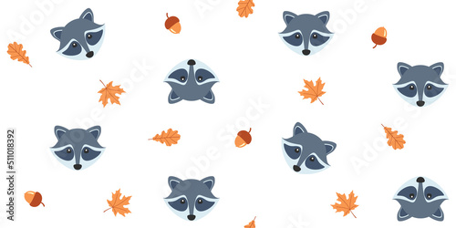 Cute raccoon faces, acorns, oak and maple leaves on a white background. Autumn endless texture with adorable animal. Vector seamless pattern for cover, wrapping paper, packaging or printing on clothes