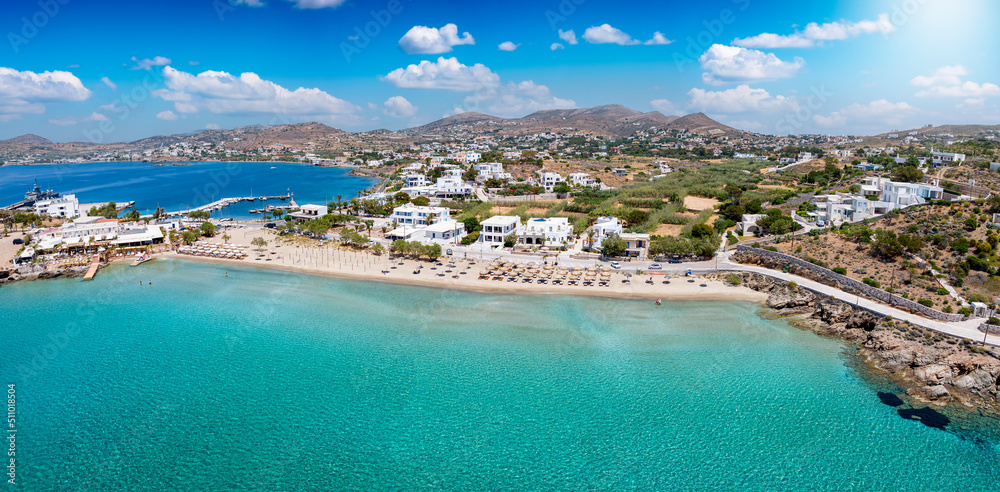 Panoramic aerial view of the popular and beautiful Agathopes beach, Syros island, Cyclades, Greece