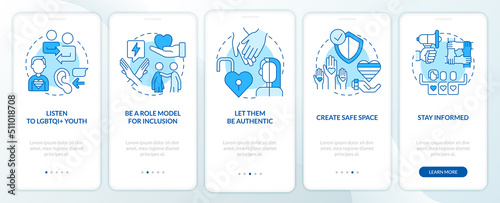 Supporting LGBT youth blue onboarding mobile app screen. Walkthrough 5 steps editable graphic instructions with linear concepts. UI, UX, GUI template. Myriad Pro-Bold, Regular fonts used