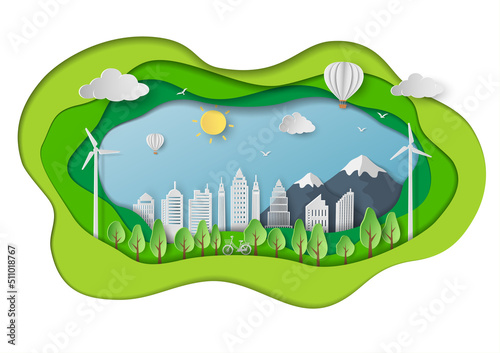 Save nature and environment conservation concept with green eco city,paper art landscape in depth layer background
