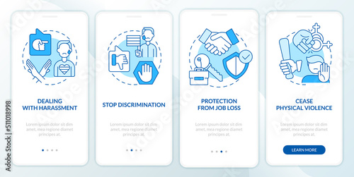 Dealing with lgbt issues blue onboarding mobile app screen. Walkthrough 4 steps editable graphic instructions with linear concepts. UI, UX, GUI template. Myriad Pro-Bold, Regular fonts used