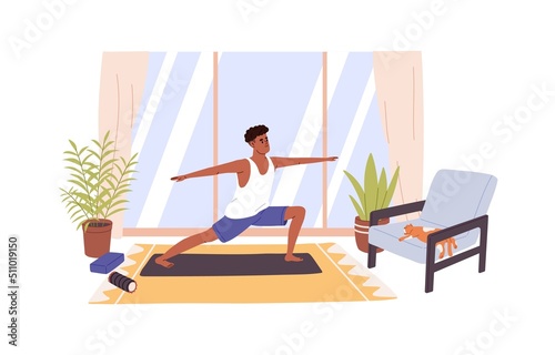 Black man during home workout. Healthy person doing morning exercises. Sports activity, body training, fitness practice of young guy indoors. Flat vector illustration isolated on white background