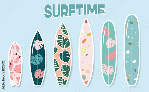 Variety of standing surfboards set. Isolated hand drawn vector surfing boards with monstera and terrazzo print. Summer sports and activities conceptual illustration. Trendy design for web and print.