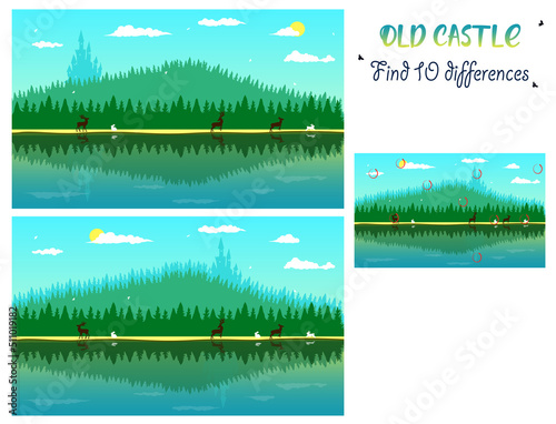 The ancient castle rises above the forest and mountains. Wild animals in the forest. Deer, hares, birds. Find 10 differences. Educational game for children. Cartoon vector illustration