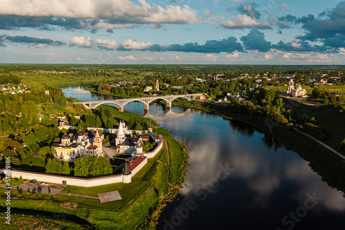 Aerial view of Assumption (Uspensky) Monastery on sunny summer day. Staritsa, Tver Oblast, Russia. High quality photo