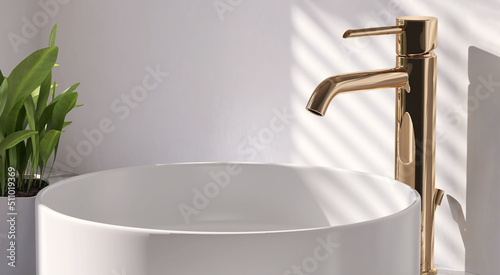 Realistic 3D render close up a round white ceramic wash basin with modern shinny rose gold faucet. Copy space, Morning sunlight, Decor plants, Blind curtain shadow, Background, Bathroom, Products.