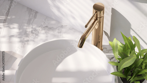 Realistic 3D render topview a round white ceramic wash basin with modern shinny rose gold faucet. Copy space, Morning sunlight, Decor plants, Shadow, Background, Bathroom, Products, Templates, Space.