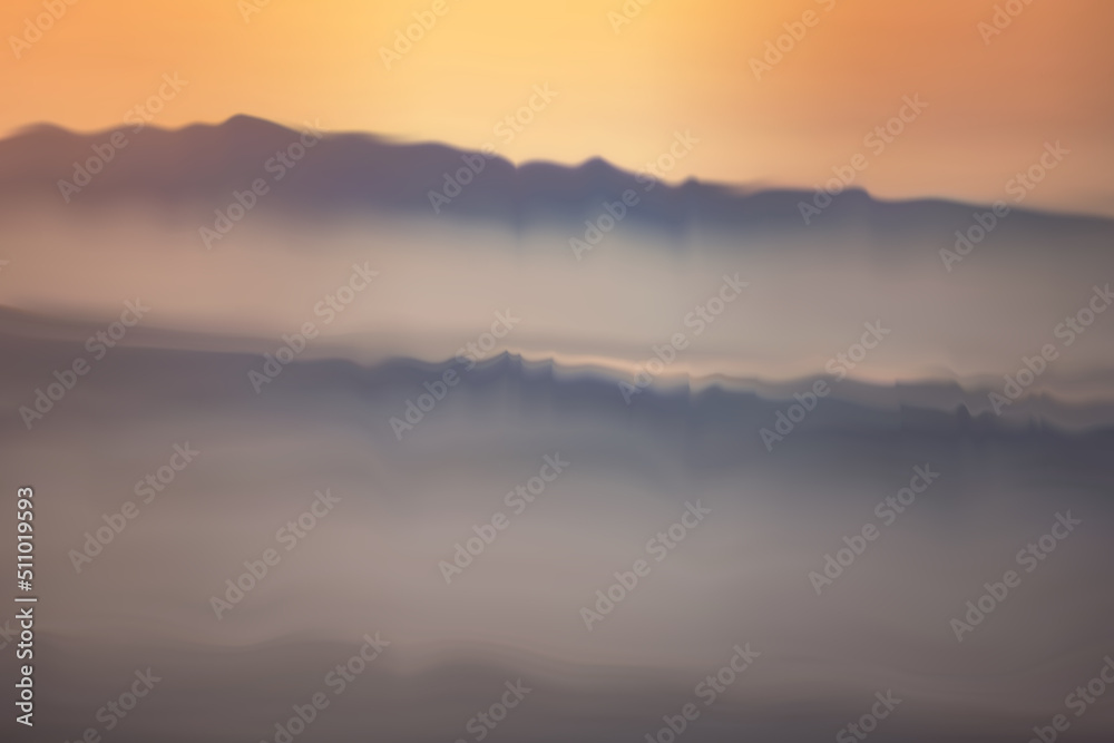 Sunset or sunrise above the mountains, nature landscape background, horizontal panorama of beautiful sunrise in the mountains.