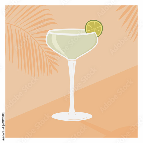 Daiquiri Cocktail in martini glass garnished with lime slice. Retro card of summer aperitif. Square poster with alcoholic beverage and tropical palm tree shadow on background. Vector flat illustration