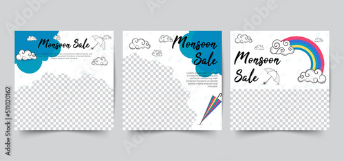 monsoon sale social media post template with clouds and umbrella decoration.