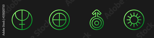Set line Symbol Uranus, Neptune planet, Earth globe and Sun. Gradient color icons. Vector
