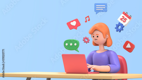 3D illustration of smiling businesswoman Ellen  with laptop working at the desk. Cartoon businessman chatting on the computer with flying concept Icons and speech bubble. Business abstract presentatio