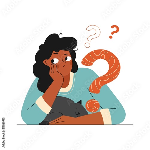 Young african american girl sitting with cat Thinks. Womans Thinking, problem solving, finding solution, critical Thinking, decision making. Woman with a Question mark. Flat vector illustration.