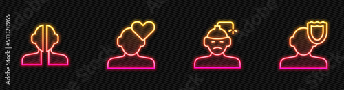 Set line Concussion, headache, Bipolar disorder, Broken heart divorce and Psychology. Glowing neon icon. Vector