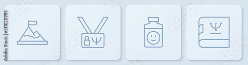Set line Mountains with flag on top, Antidepressants, Psychology and book. White square button. Vector