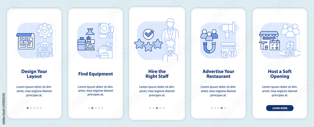 Plan before opening restaurant light blue onboarding mobile app screen. Walkthrough 5 steps editable graphic instruction with linear concepts. UI, UX, GUI template. Myriad Pro-Bold, Regular fonts used Plan before opening restaurant light blue onboarding mobile app screen. Walkthrough 5 steps editable graphic instruction with linear concepts. UI, UX, GUI template. Myriad Pro-Bold, Regular fonts used