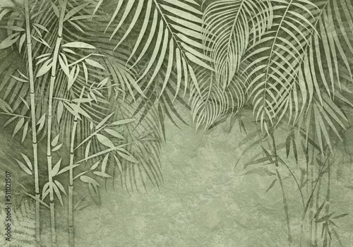 Obraz Tropical wallpaper in delicate pastel powdery, monochrome colors. Palm leaves and bamboo. Jungle, and Jungalow Style