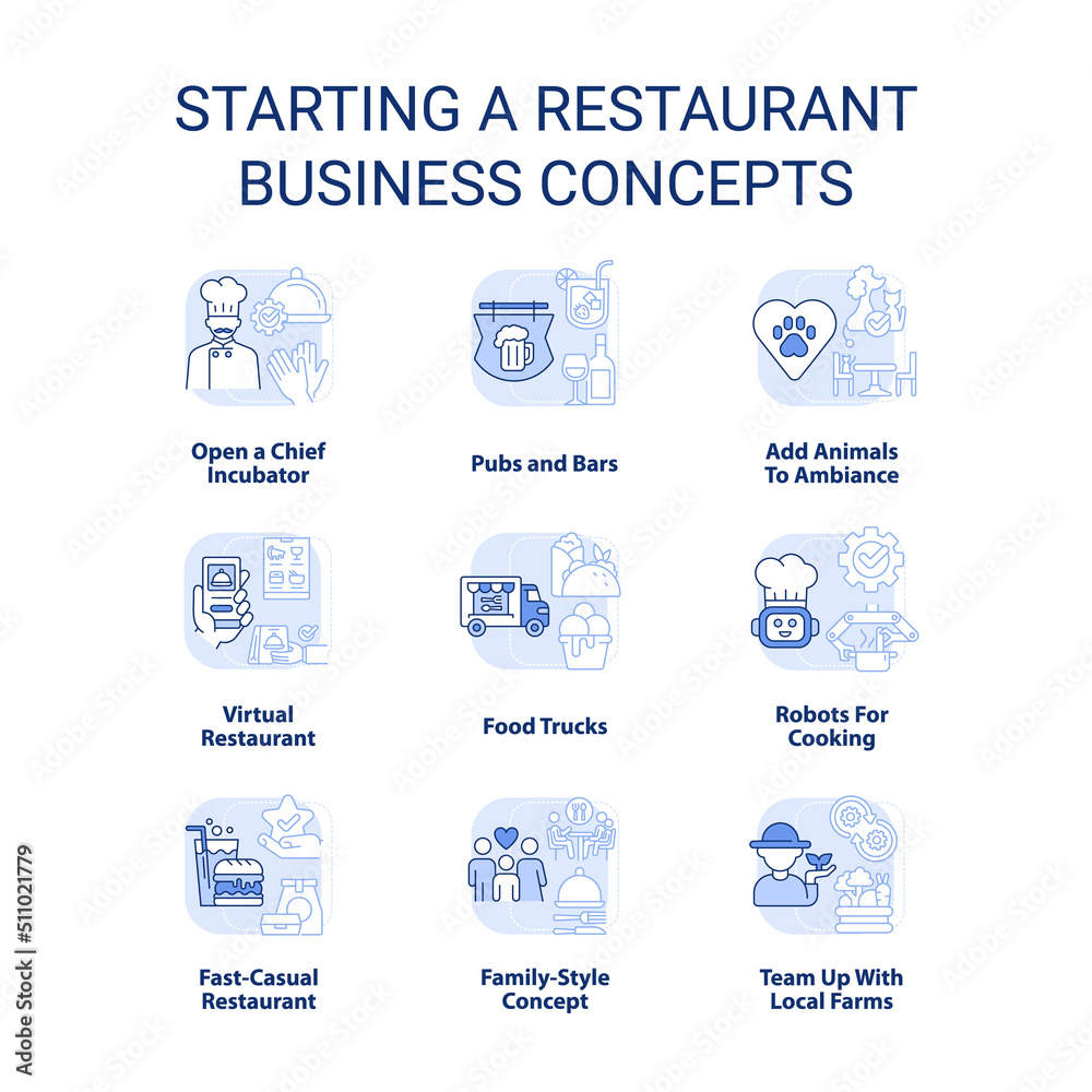 Starting restaurant business light blue concept icons set. Food trucks and pubs idea thin line color illustrations. Isolated symbols. Editable stroke. Roboto-Medium, Myriad Pro-Bold fonts used