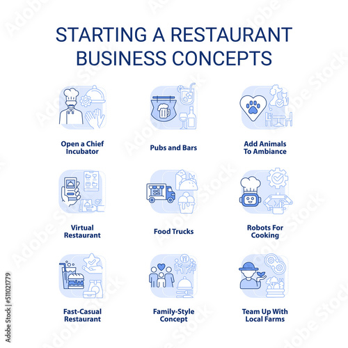 Starting restaurant business light blue concept icons set. Food trucks and pubs idea thin line color illustrations. Isolated symbols. Editable stroke. Roboto-Medium, Myriad Pro-Bold fonts used