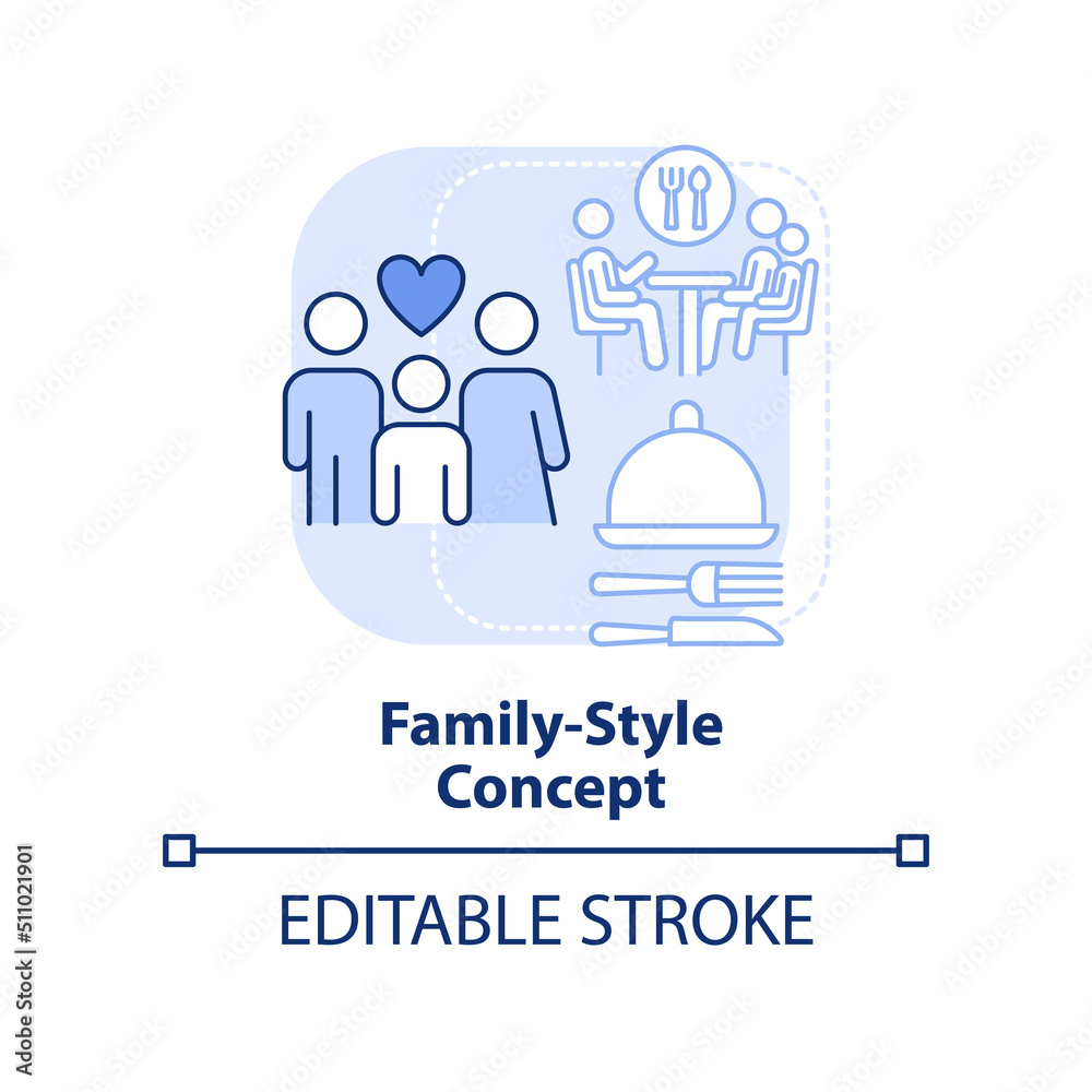 Family-style restaurant light blue concept icon. Dining service abstract idea thin line illustration. Large meal portions. Isolated outline drawing. Editable stroke. Arial, Myriad Pro-Bold fonts used Family-style restaurant light blue concept icon. Dining service abstract idea thin line illustration. Large meal portions. Isolated outline drawing. Editable stroke. Arial, Myriad Pro-Bold fonts used