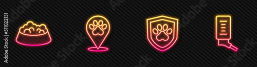Set line Animal health insurance, Pet food bowl for cat or dog, Location veterinary hospital and Drinker small pets. Glowing neon icon. Vector photo