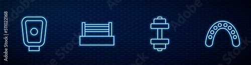 Set line Dumbbell, Boxing training paws, ring and Mouth guard boxer. Glowing neon icon on brick wall. Vector