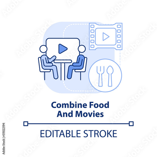 Combine food and movies light blue concept icon. Making restaurant trendy abstract idea thin line illustration. Isolated outline drawing. Editable stroke. Arial, Myriad Pro-Bold fonts used