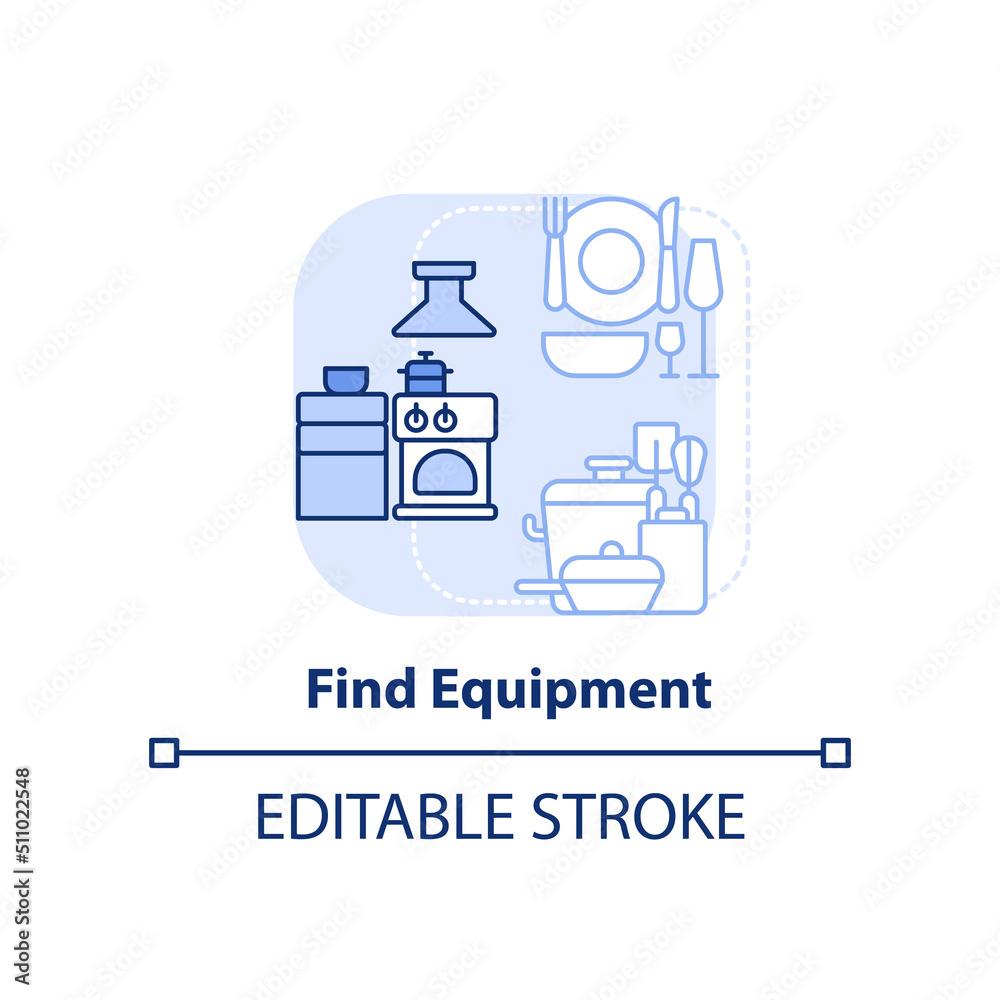 Find equipment light blue concept icon. Starting restaurant abstract idea thin line illustration. Buy kitchen appliances. Isolated outline drawing. Editable stroke. Arial, Myriad Pro-Bold fonts used Find equipment light blue concept icon. Starting restaurant abstract idea thin line illustration. Buy kitchen appliances. Isolated outline drawing. Editable stroke. Arial, Myriad Pro-Bold fonts used