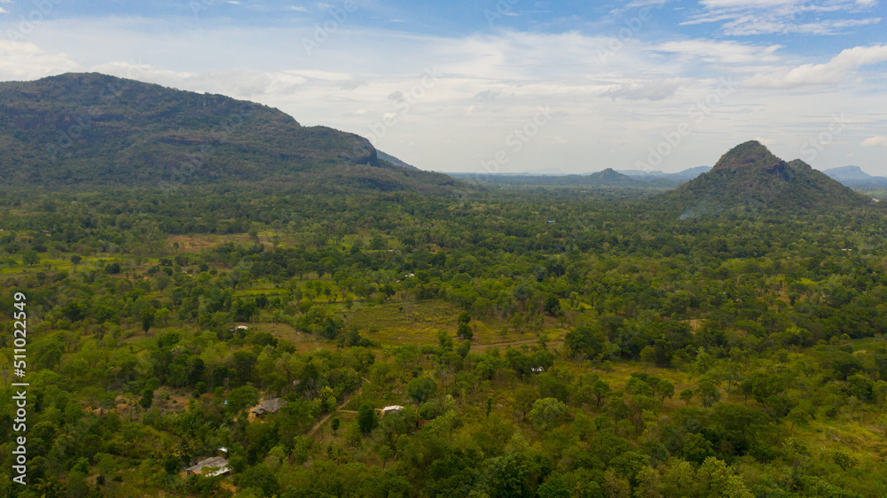 Top view of Rustic landscape with agricultural lands and farms among mountains and forests. Sri Lanka.