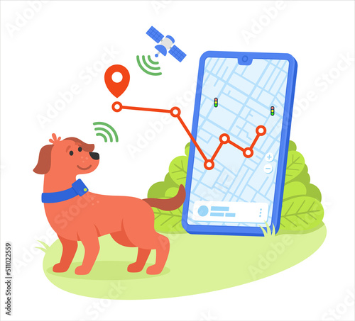 Dog pet gps satellite tracker transmitter location mobile phone application service vector illustration