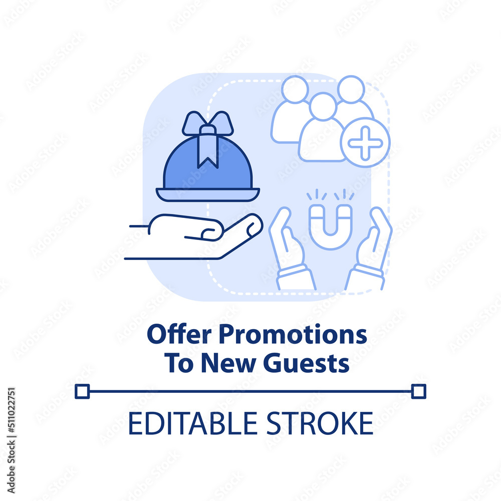 Offer promotions to new guests light blue concept icon. Restaurant marketing abstract idea thin line illustration. Isolated outline drawing. Editable stroke. Arial, Myriad Pro-Bold fonts used